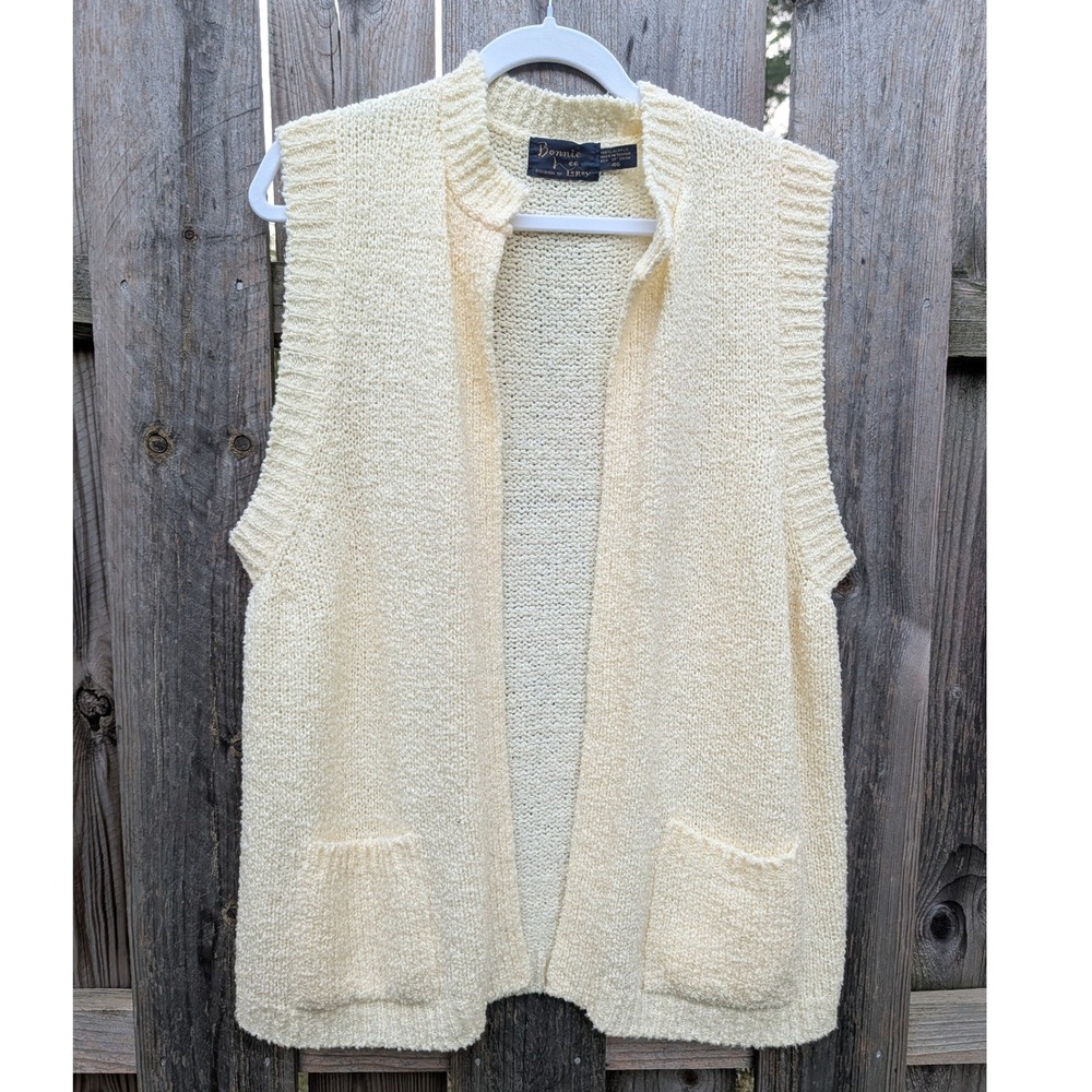 Womens Bonnie Lee Cream Knit Vest Size 46 Excellent Vintage Open Front Pockets